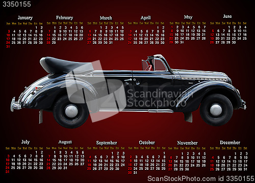 Image of calendar for 2016 with retro car on the on claret
