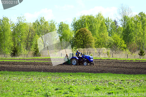 Image of peasants plant potato by potato-planter tractor 