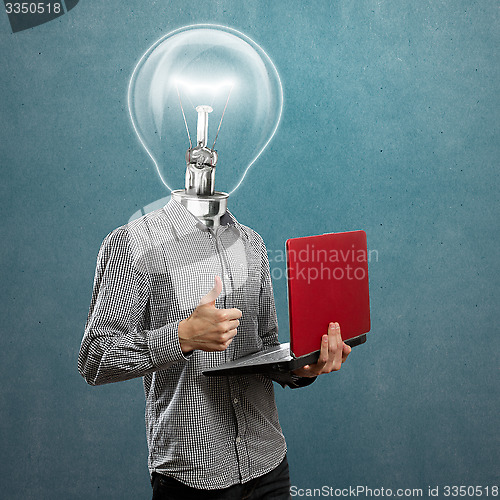 Image of Lamp Head Man With Laptop In His Hands Well Done