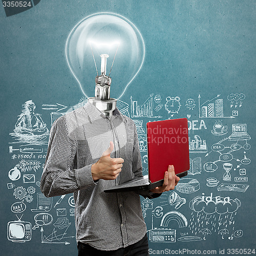 Image of Lamp Head Man With Laptop In His Hands Well Done