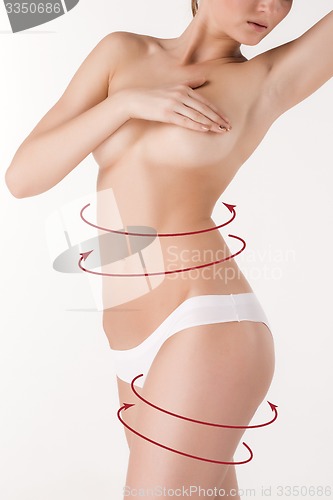 Image of Body correction with the help of plastic surgery on white background, side view