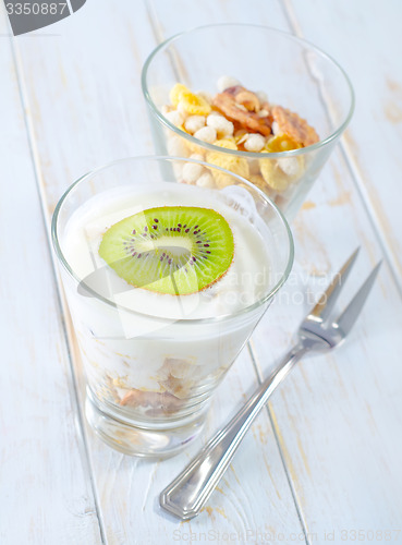 Image of fresh yogurt and muesli in a glass