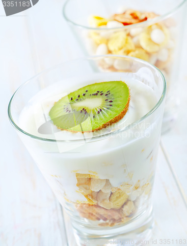 Image of fresh yogurt and muesli in a glass