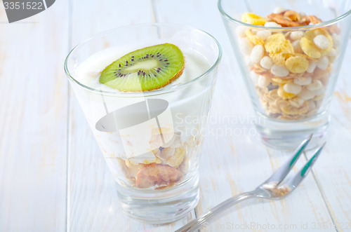 Image of fresh yogurt and muesli in a glass