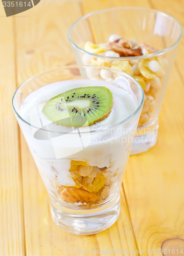 Image of fresh yogurt and muesli in a glass