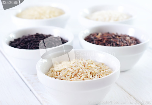 Image of Different kind of raw rice, raw rice in the white bowls