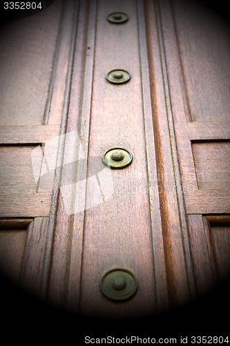 Image of in london antique brown door  rusty  brass nail and light