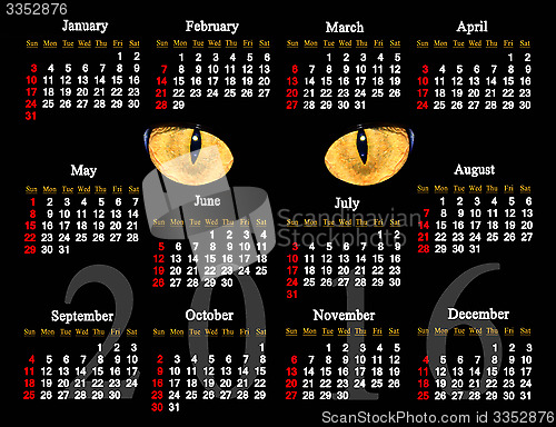 Image of calendar dark for 2016 in English with cat's eyes