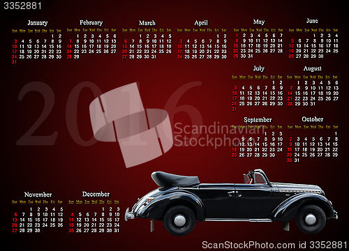 Image of calendar for 2016 with retro car on the on claret