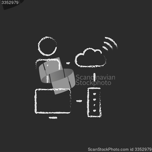 Image of Male office worker with computer and wifi drawn in chalk