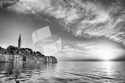 Image of Old city core in Rovinj at sunset bw