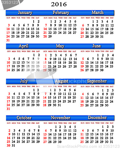 Image of calendar for 2016 on the white background