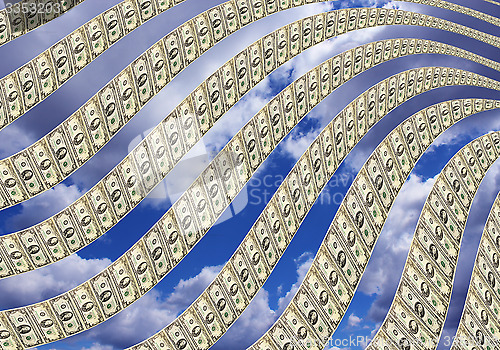 Image of dollars pattern on blue sky