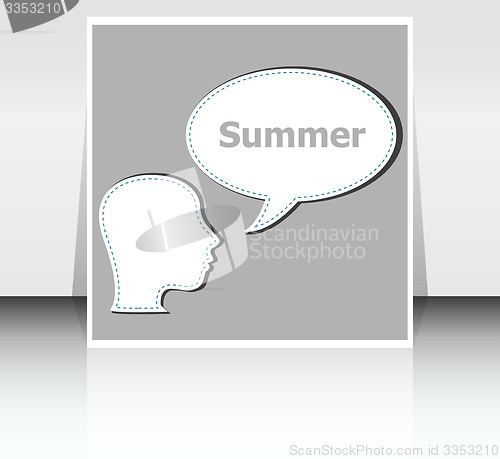 Image of people think about summer, man and speech bubbles, summer holiday card