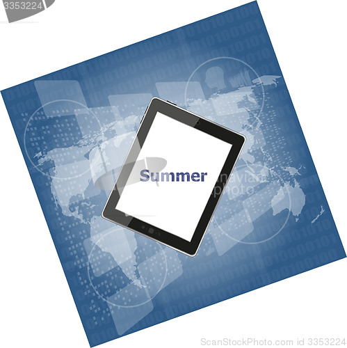 Image of summer word on tablet pc screen, digital touch screen, holiday concept, summer card