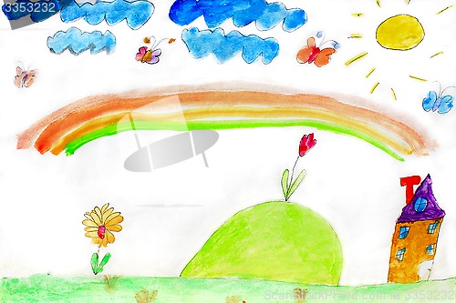 Image of Children's drawing of flowers and rainbow