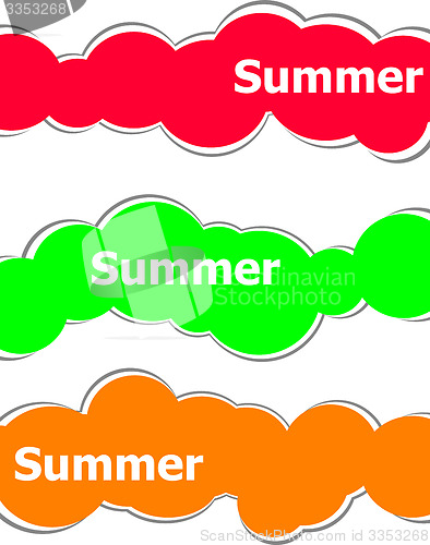 Image of summer word on stickers set isolated on white, summer time concept