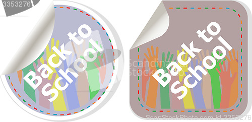 Image of Back to school text on label tag stickers set isolated on white, education concept