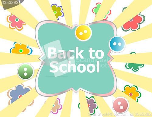 Image of Back to school invitation card with abstract sun rays and flowers, education concept