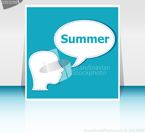 Image of people think about summer, man and speech bubbles, summer holiday card 
