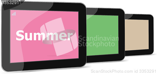 Image of summer word on tablet pc screen, holiday concept