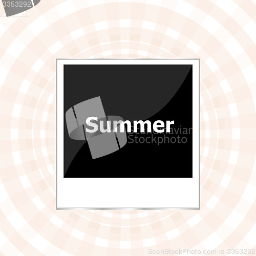 Image of summer background, summer words on empty photo frame, summer holiday