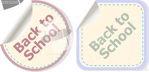 Image of Back to school text on label tag stickers set isolated on white, education concept