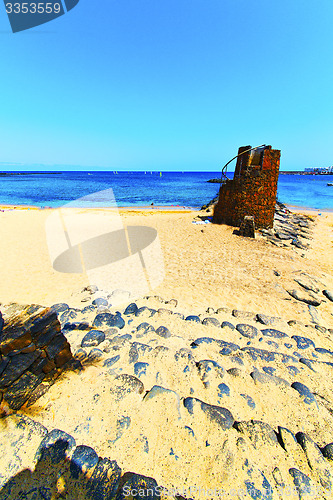 Image of white coast lanzarote  in spain    tower  summer 