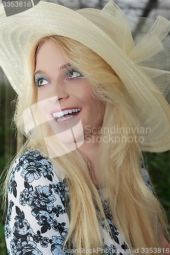 Image of Close up Pretty Blond Woman Wearing Straw Hat