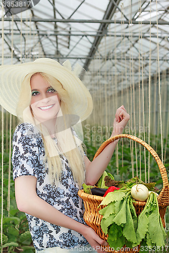 Image of Pretty Woman Carrying Basket of Veggies on her Arm