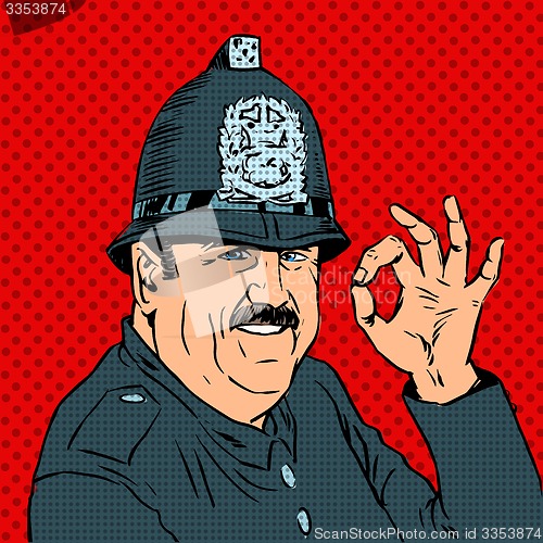 Image of English policeman in uniform and helmet shows gesture OK