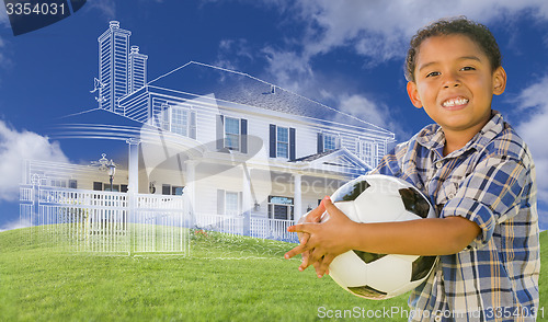 Image of Mixed Race Boy Holding Ball with Ghosted House Drawing Behind