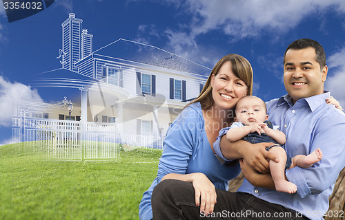 Image of Mixed Race Family with Ghosted House Drawing Behind