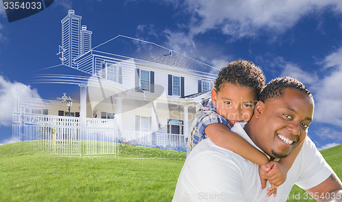 Image of Mixed Race Father and Son with Ghosted House Drawing Behind