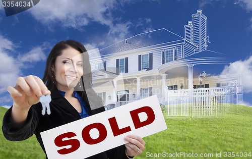 Image of Woman Holding Keys, Sold Sign with Ghosted House Drawing Behind