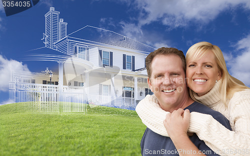 Image of Hugging Couple with Ghosted House Drawing Behind