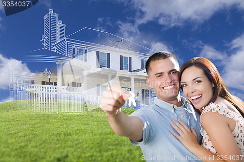 Image of Military Couple Holding House Keys with Ghosted House Drawing Be