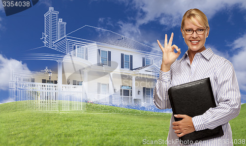 Image of Businesswoman Making Okay Hand Sign with Ghosted House Drawing B
