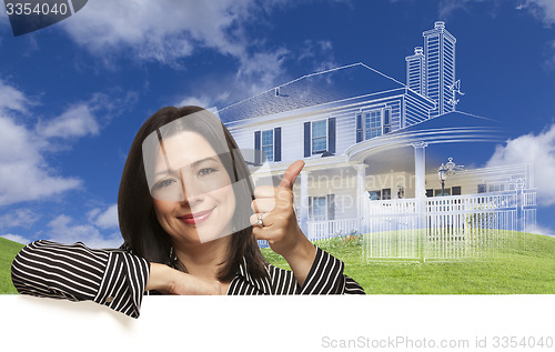 Image of Thumbs Up Hispanic Woman with Ghosted House Drawing Behind