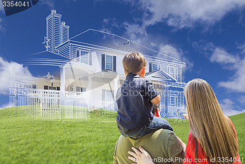 Image of Young Family Facing Ghosted House Drawing Behind