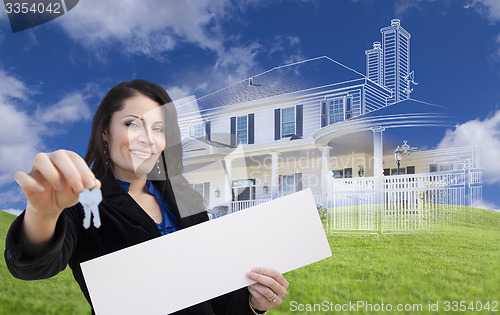 Image of Woman Holding Keys, Blank Sign with Ghosted House Drawing Behind