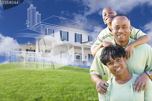 Image of African American Family with Ghosted House Drawing Behind