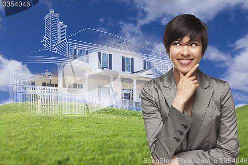 Image of Mixed Race Woman Looks to Ghosted House Drawing Behind