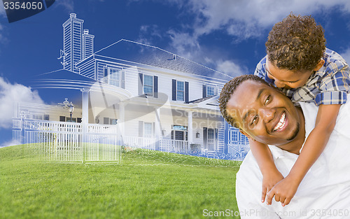 Image of Mixed Race Father and Son with Ghosted House Drawing Behind