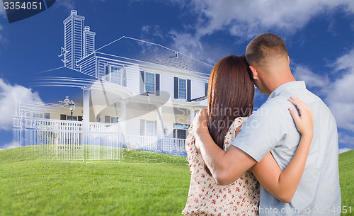 Image of Young Military Couple Facing Ghosted House, Drawing and Grass