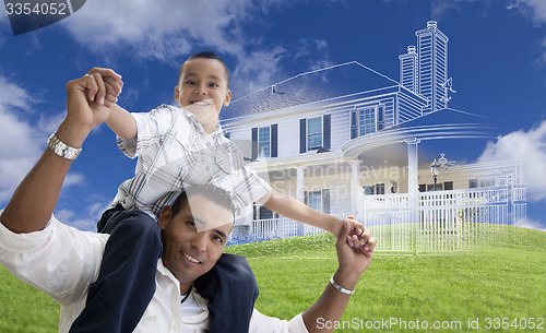 Image of Hispanic Father and Son with Ghosted House Drawing Behind