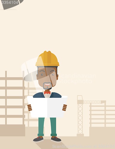 Image of African-american Construction worker holding the plan.