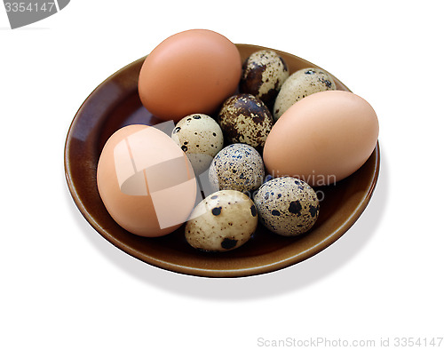 Image of eggs of the quail and of the hen on the plate