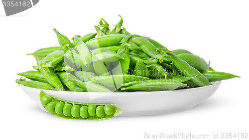 Image of Opening and closing pea pods on white plate