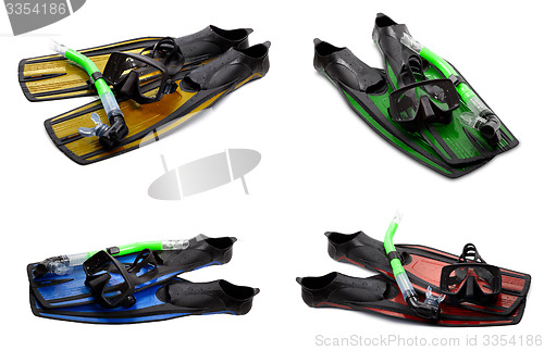 Image of Set of multicolor swim fins, mask and snorkel for diving